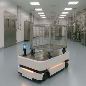 An AGV in a pharmaceutical manufacturing factory